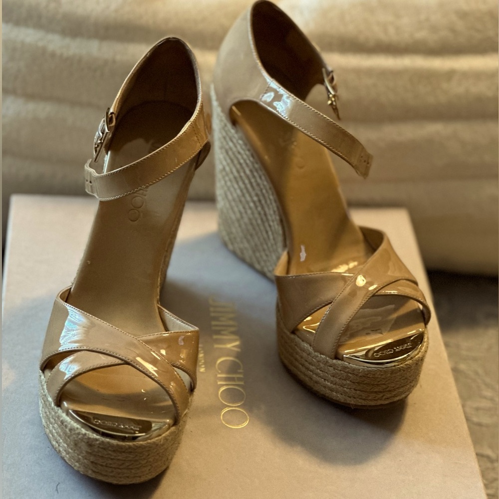 Jimmy Choo wedge tan patent leather
